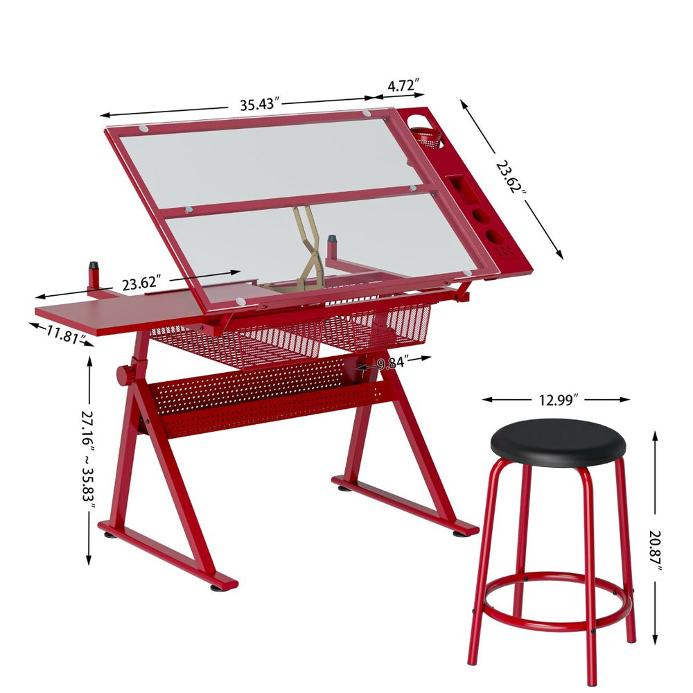 English Elm Red Steel Framed Tempered Glass Tilting Drafting Table with Matching Stool Included W347P509780