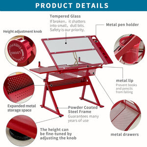 English Elm Red Steel Framed Tempered Glass Tilting Drafting Table with Matching Stool Included W347P509780