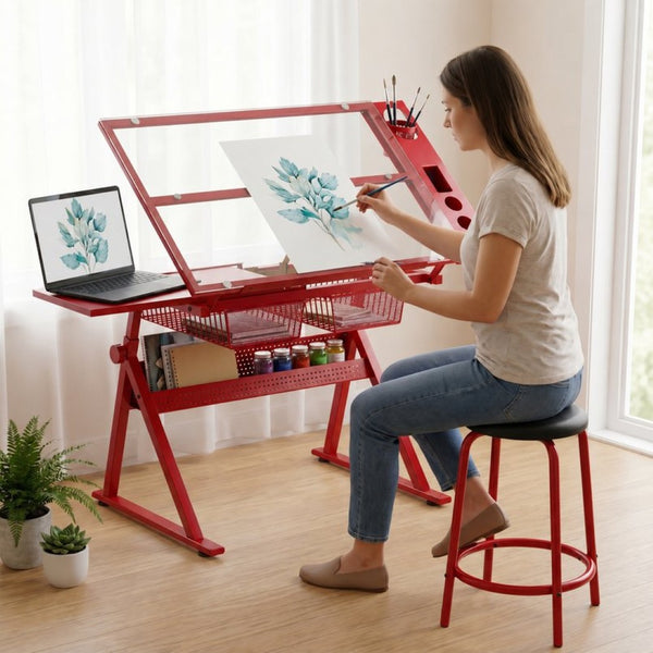 English Elm Red Steel Framed Tempered Glass Tilting Drafting Table with Matching Stool Included W347P509780