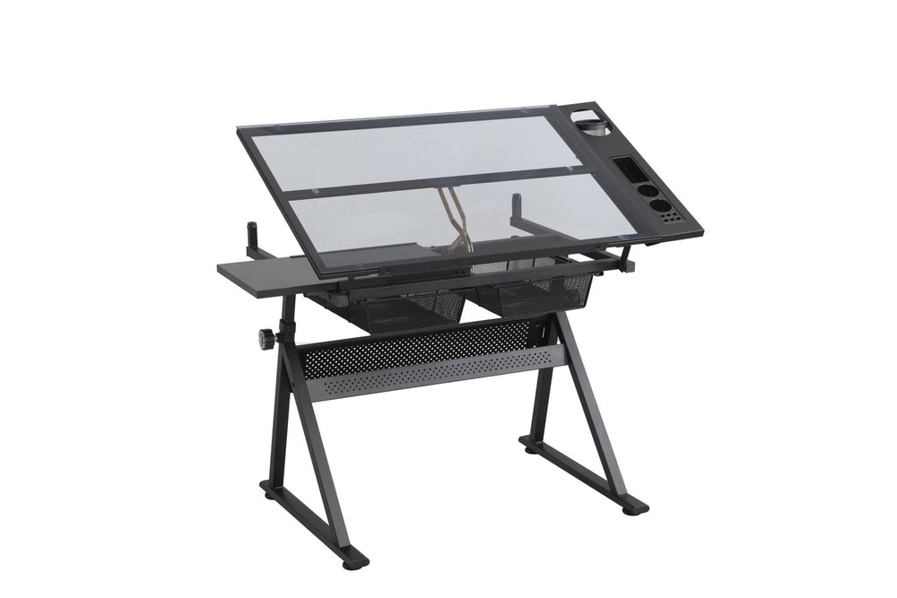English Elm Drafting Table with Tempered Glass Top Adjustable Height Art Desk Two Storage Drawers W347P527975