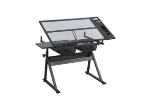 English Elm Drafting Table with Tempered Glass Top Adjustable Height Art Desk Two Storage Drawers W347P527975