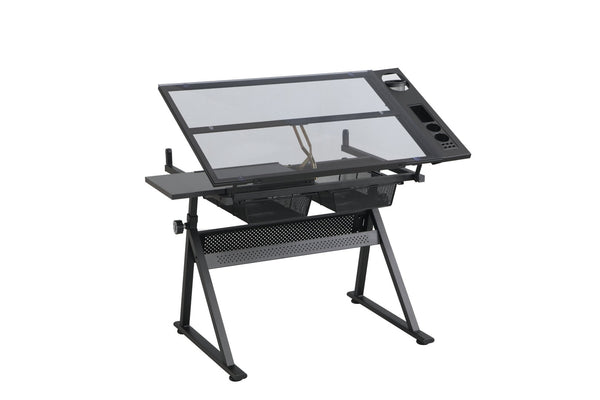 English Elm Drafting Table with Tempered Glass Top Adjustable Height Art Desk Two Storage Drawers W347P527975