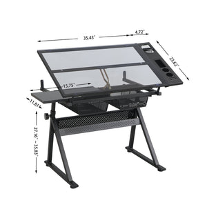 English Elm Drafting Table with Tempered Glass Top Adjustable Height Art Desk Two Storage Drawers W347P527975