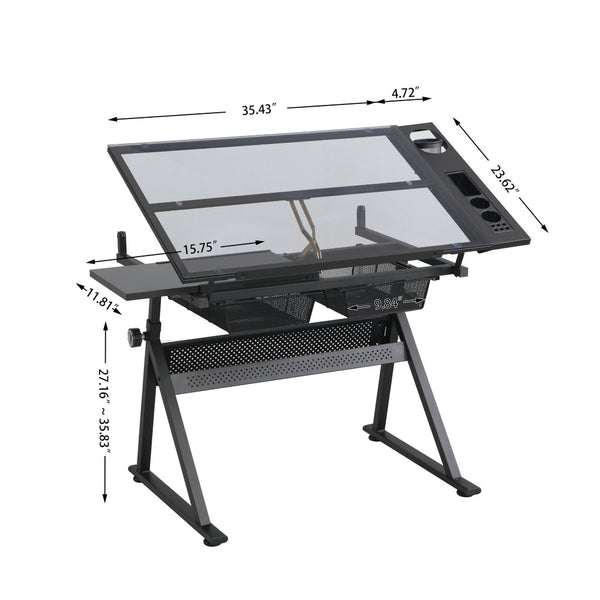 English Elm Drafting Table with Tempered Glass Top Adjustable Height Art Desk Two Storage Drawers W347P527975