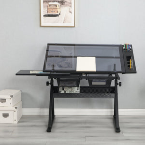 English Elm Drafting Table with Tempered Glass Top Adjustable Height Art Desk Two Storage Drawers W347P527975
