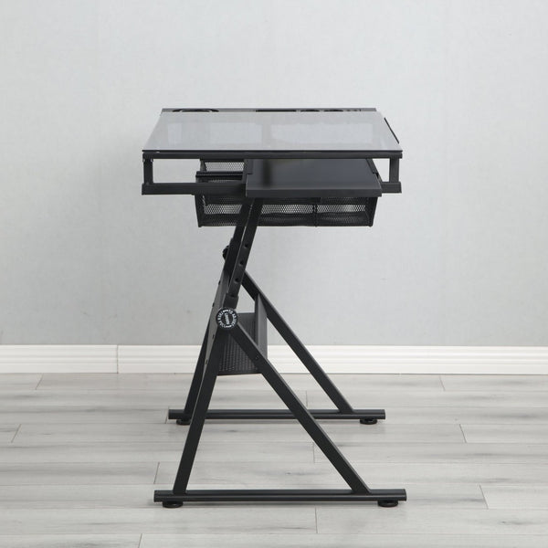 English Elm Drafting Table with Tempered Glass Top Adjustable Height Art Desk Two Storage Drawers W347P527975