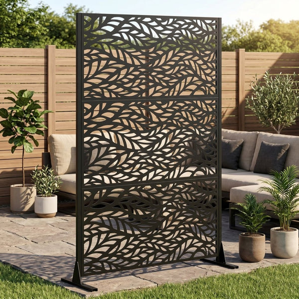 English Elm Metal Geometric Lattice Privacy Screen Freestanding Galvanized Steel Outdoor Patio Divider Panel Black - A W347P528024