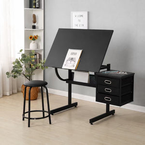 English Elm Black Adjustable Drafting Table Workstation with Stool and Hanging Fabric Storage Drawers W347P537339