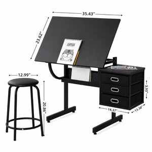 English Elm Black Adjustable Drafting Table Workstation with Stool and Hanging Fabric Storage Drawers W347P537339
