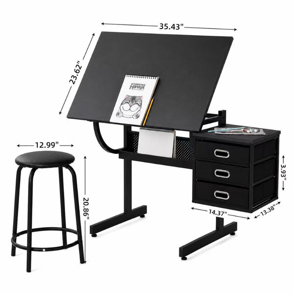 English Elm Black Adjustable Drafting Table Workstation with Stool and Hanging Fabric Storage Drawers W347P537339