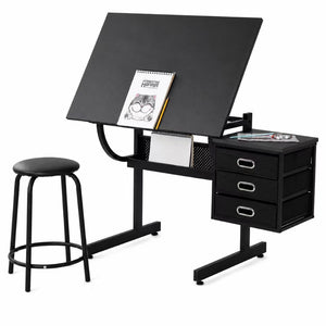 English Elm Black Adjustable Drafting Table Workstation with Stool and Hanging Fabric Storage Drawers W347P537339