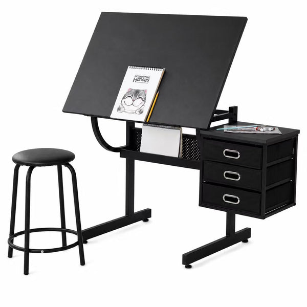 English Elm Black Adjustable Drafting Table Workstation with Stool and Hanging Fabric Storage Drawers W347P537339