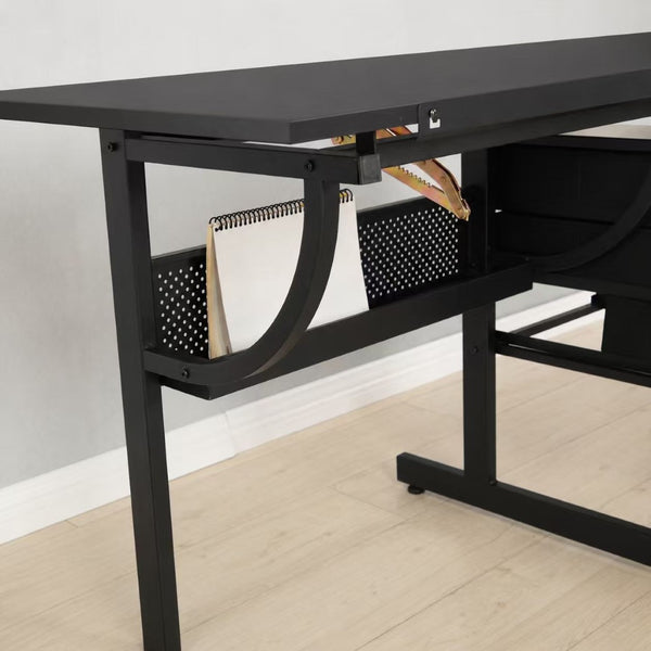 English Elm Black Adjustable Drafting Table Workstation with Stool and Hanging Fabric Storage Drawers W347P537339