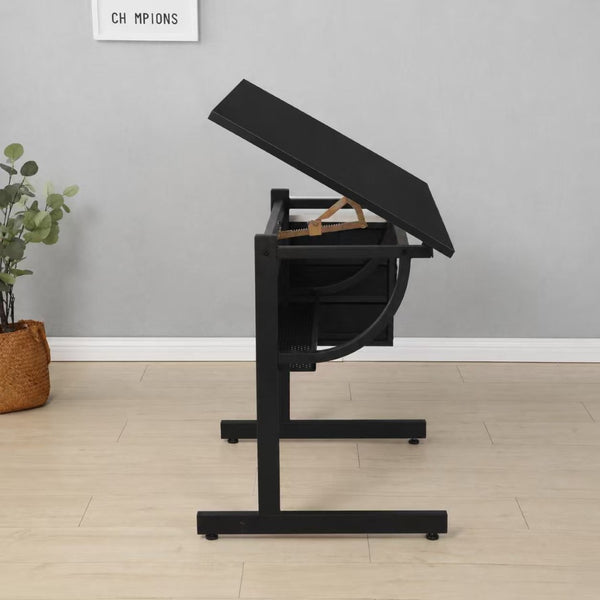 English Elm Black Adjustable Drafting Table Workstation with Stool and Hanging Fabric Storage Drawers W347P537339