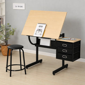 English Elm Maple Tilt Top Drafting Table Set with Stool and Three Fabric Storage Drawers W347P537342