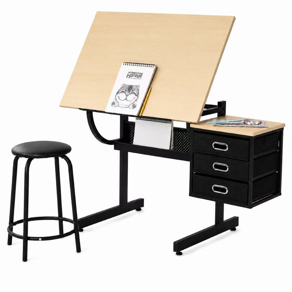 English Elm Maple Tilt Top Drafting Table Set with Stool and Three Fabric Storage Drawers W347P537342