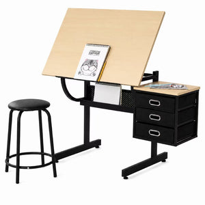 English Elm Maple Tilt Top Drafting Table Set with Stool and Three Fabric Storage Drawers W347P537342