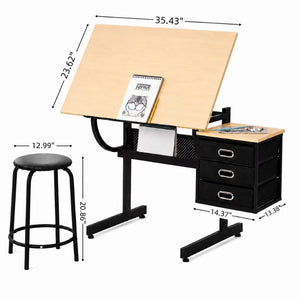 English Elm Maple Tilt Top Drafting Table Set with Stool and Three Fabric Storage Drawers W347P537342