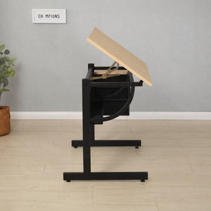 English Elm Maple Tilt Top Drafting Table Set with Stool and Three Fabric Storage Drawers W347P537342