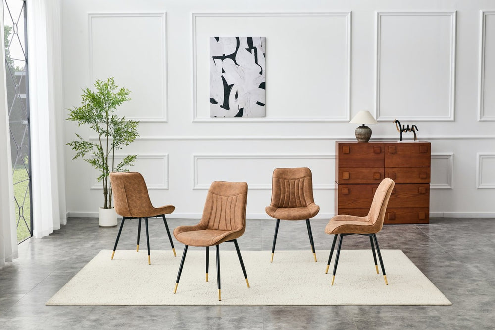 English Elm Dining Chairs Set of 4 Leathaire High Back with Black Metal Gold-Tipped Legs Brown W3493P444927