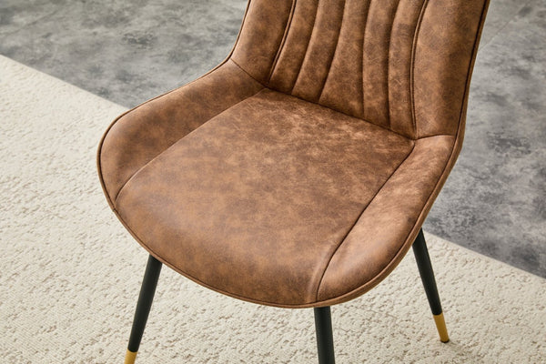 English Elm Dining Chairs Set of 4 Leathaire High Back with Black Metal Gold-Tipped Legs Brown W3493P444927