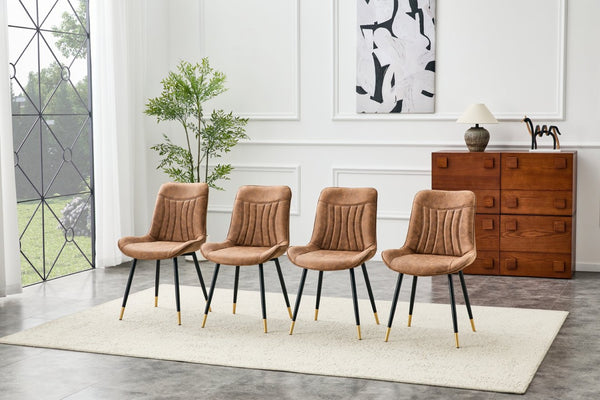 English Elm Dining Chairs Set of 4 Leathaire High Back with Black Metal Gold-Tipped Legs Brown W3493P444927
