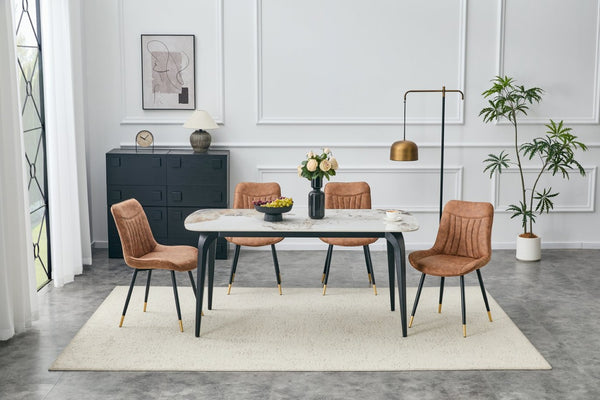 English Elm Dining Chairs Set of 4 Leathaire High Back with Black Metal Gold-Tipped Legs Brown W3493P444927