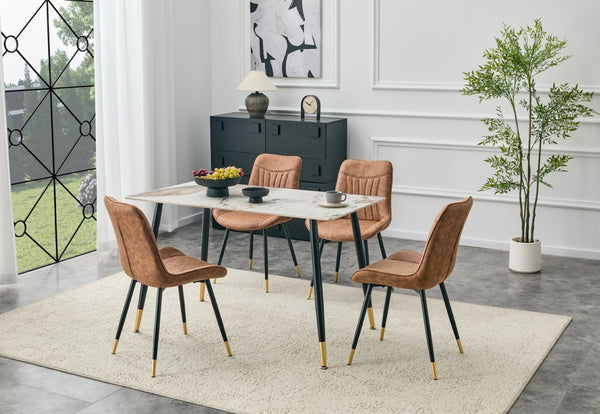 English Elm Dining Chairs Set of 4 Leathaire High Back with Black Metal Gold-Tipped Legs Brown W3493P444927