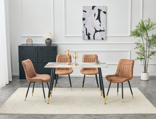English Elm Dining Chairs Set of 4 Leathaire High Back with Black Metal Gold-Tipped Legs Brown W3493P444927