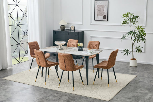 English Elm Dining Chairs Set of 2 Leathaire High Back with Gold Accent Legs for Modern Rooms Brown W3493P444934