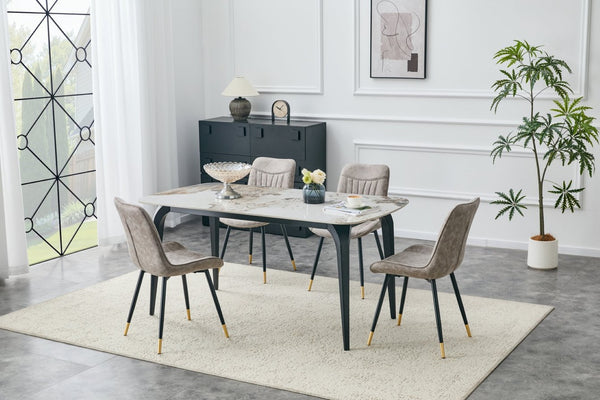 English Elm Dining Chairs Set of 4 Leathaire High Back with Black Metal Gold-Tipped Legs Gray W3493P444939