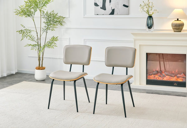 English Elm Dining Chair Set of 4 Pu Leather Seat Walnut Veneer Back Mid-century Metal Legs Light Gray W3493P449225
