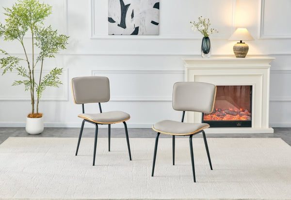 English Elm Dining Chairs Set of 2 Faux Leather Walnut Backrest Mid-Century Metal Legs Light Gray W3493P449228