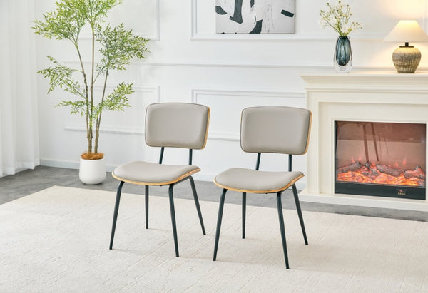 English Elm Dining Chairs Set of 2 Faux Leather Walnut Backrest Mid-Century Metal Legs Light Gray W3493P449228
