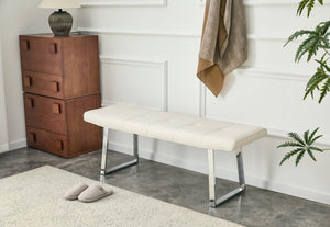 English Elm Dining Bench Faux Leather Upholstered with Arched Electroplated Legs for Modern Rooms W3493P449285