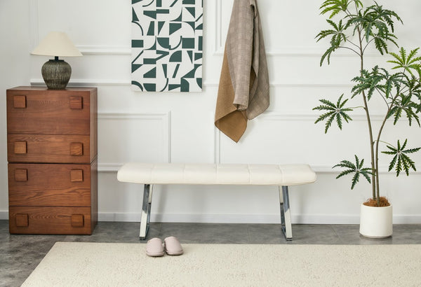 English Elm Dining Bench Faux Leather Upholstered with Arched Electroplated Legs for Modern Rooms W3493P449285