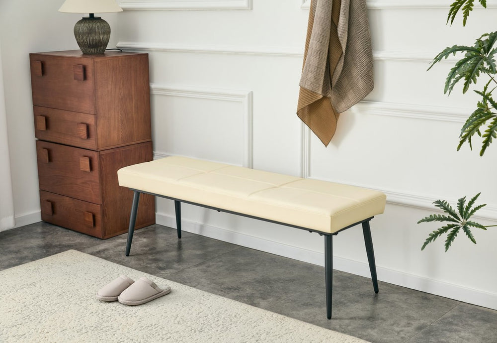 English Elm Dining Bench Faux Leather Upholstered with Arched Electroplated Legs for Modern Rooms Off White W3493P449301