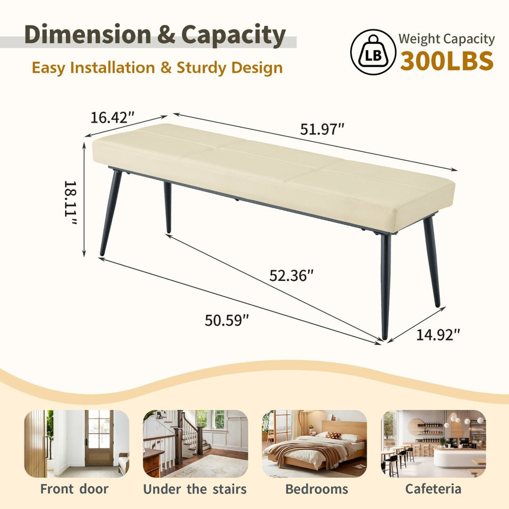 English Elm Dining Bench Faux Leather Upholstered with Arched Electroplated Legs for Modern Rooms Off White W3493P449301