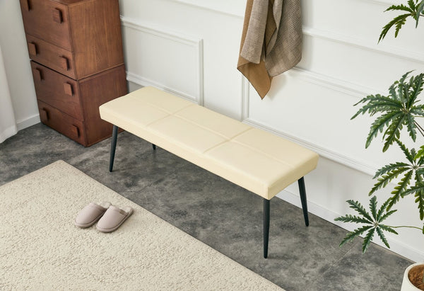 English Elm Dining Bench Faux Leather Upholstered with Arched Electroplated Legs for Modern Rooms Off White W3493P449301