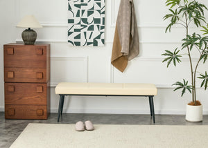 English Elm Dining Bench Faux Leather Upholstered with Arched Electroplated Legs for Modern Rooms Off White W3493P449301