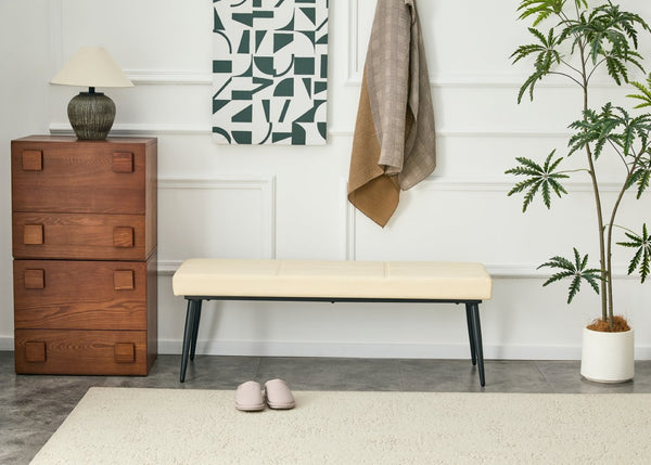 English Elm Dining Bench Faux Leather Upholstered with Arched Electroplated Legs for Modern Rooms Off White W3493P449301