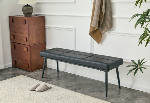 English Elm Dining Bench Faux Leather Upholstered with Arched Electroplated Legs for Modern Rooms Black W3493P449306