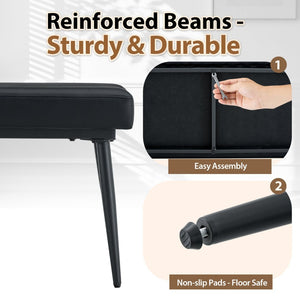 English Elm Dining Bench Faux Leather Upholstered with Arched Electroplated Legs for Modern Rooms Black W3493P449306