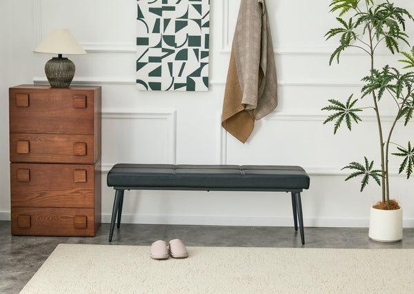 English Elm Dining Bench Faux Leather Upholstered with Arched Electroplated Legs for Modern Rooms Black W3493P449306