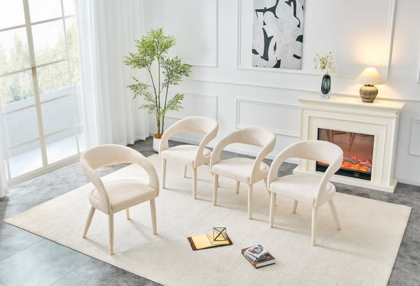 English Elm Premium Boucle Sherpa Armchair Set Nordic Sculptural Hollow Back Dining Accent Seat Off White W3493P461611
