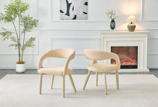 English Elm Premium Boucle Sherpa Armchair Set Nordic Sculptural Hollow Back Dining Accent Seat Oatmeal/Yellow W3493P461612