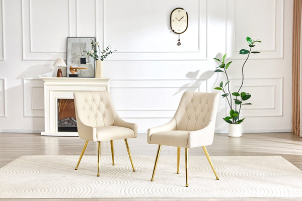 English Elm Leather Faux Upholstered Dining Chair Set Diamond Tufted Gold Legs Cafe Office Off White W3493P462033