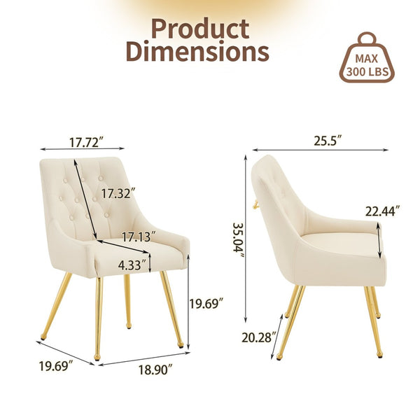 English Elm Leather Faux Upholstered Dining Chair Set Diamond Tufted Gold Legs Cafe Office Off White W3493P462033