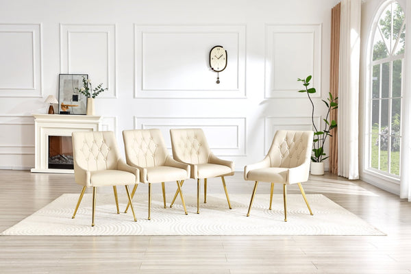English Elm Leather Faux Upholstered Dining Chair Set Diamond Tufted Gold Legs Cafe Office Off White W3493P462033