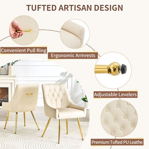 English Elm Leather Faux Upholstered Dining Chair Set Diamond Tufted Gold Legs Cafe Office Off White W3493P462033